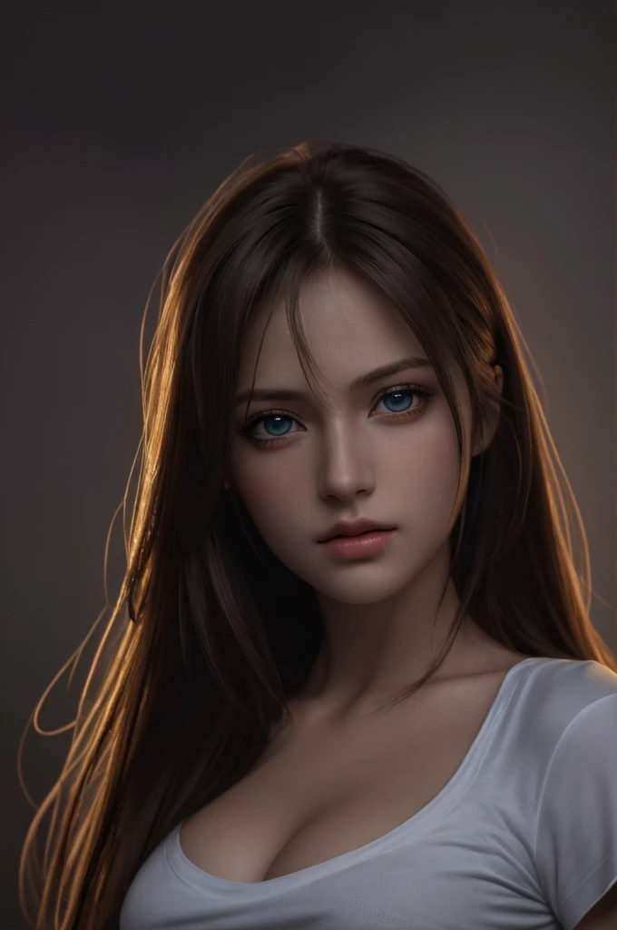 Best quality, masterpiece, ultra high res, (photorealistic:1.37), raw photo, 1girl, long hair, beautifull eyes,  beautifull face, detailed eyes and face, t-shirt, dynamic lighting, in the dark, deep shadow, low key, cowboy shot