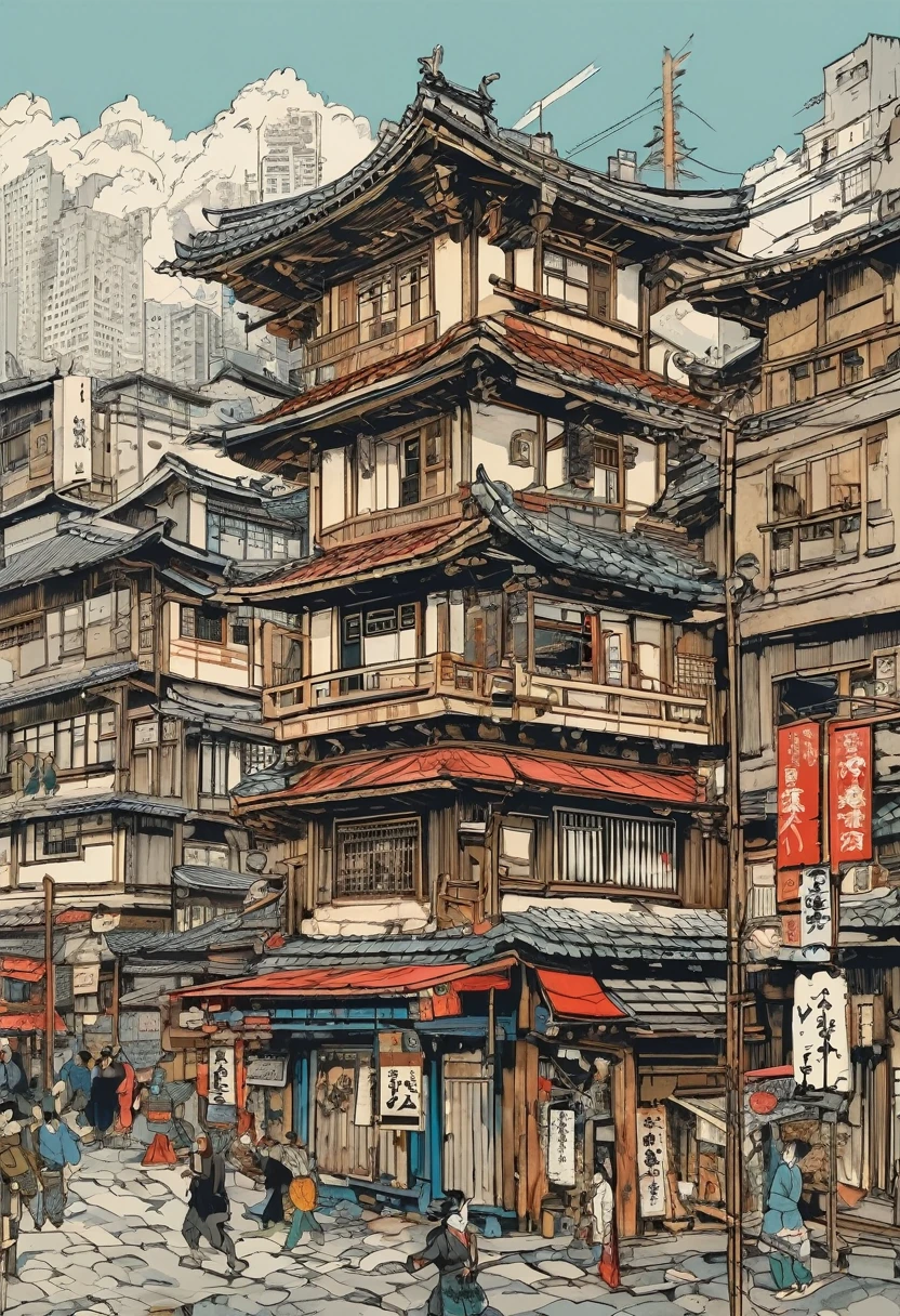 Everyday Scenes in Japan、Ukiyo-e style、high resolution、Modern Building、Old buildings、Complex cities、chaos、Paris