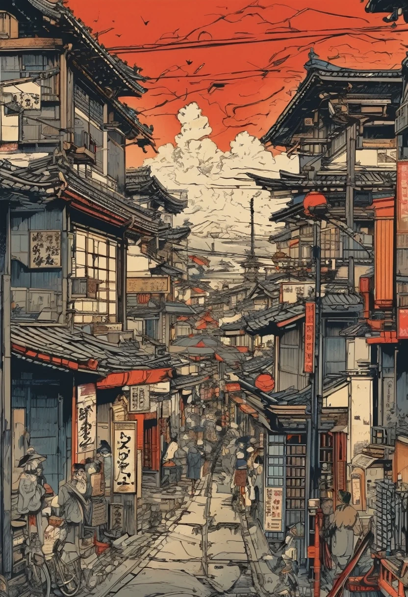 Everyday Scenes in Japan、Ukiyo-e style、high resolution、Modern Building、Old buildings、Complex cities、chaos、Paris