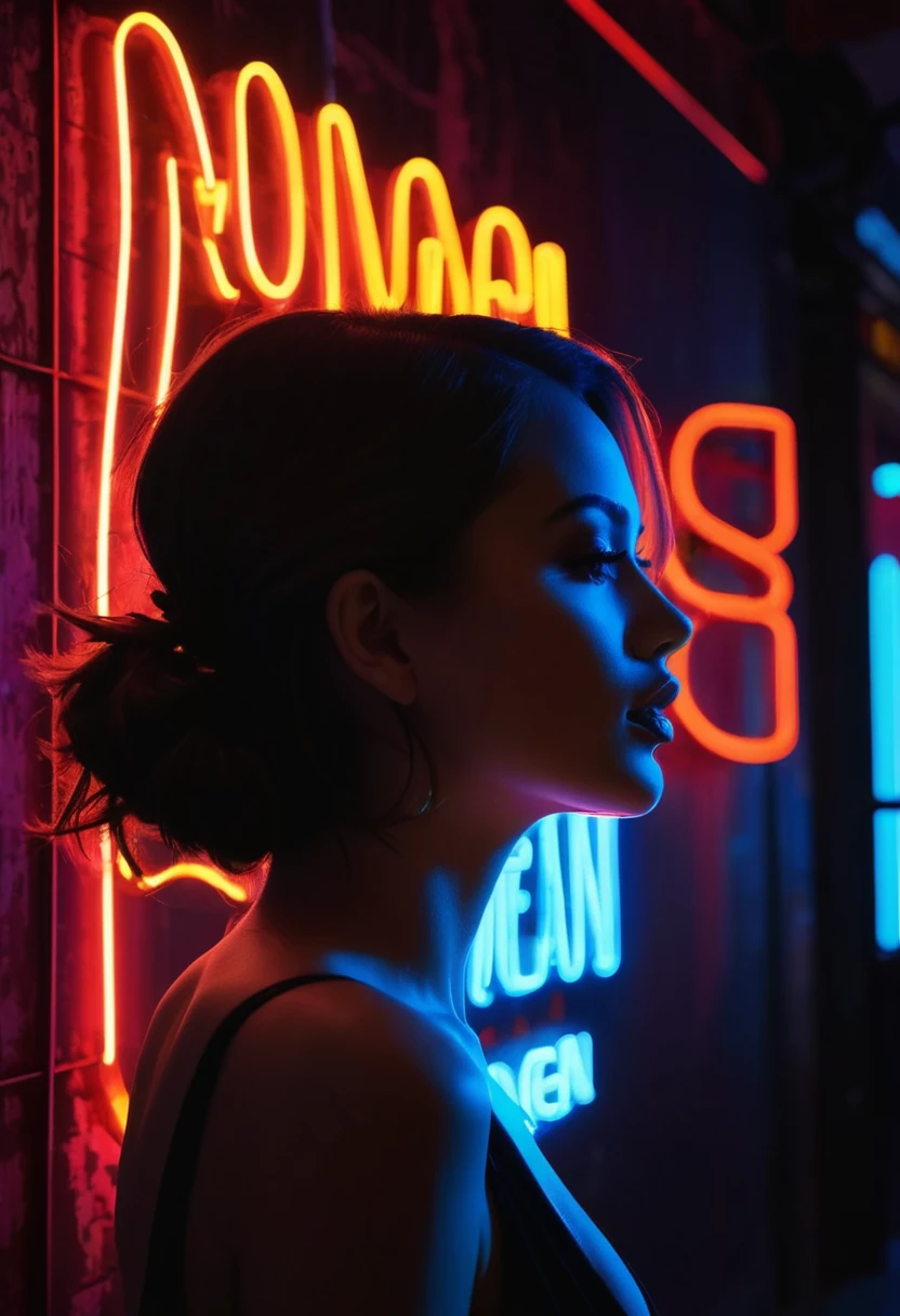 Side face silhouette,Shadow of beautiful woman under neon sign,Huge neon signboard,(Neon sign with text:1.5)