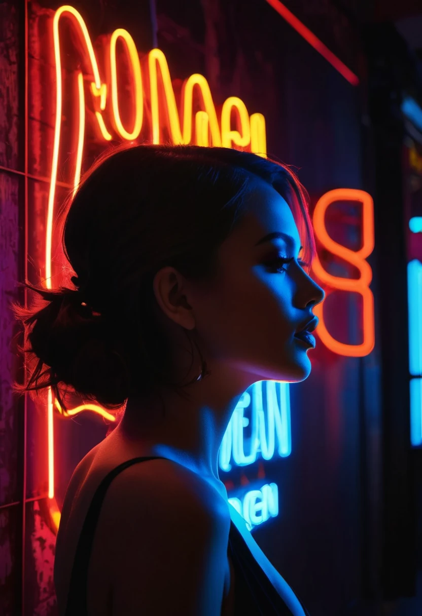 Side face silhouette,Shadow of beautiful woman under neon sign,Huge neon signboard,(Neon sign with text:1.5)
