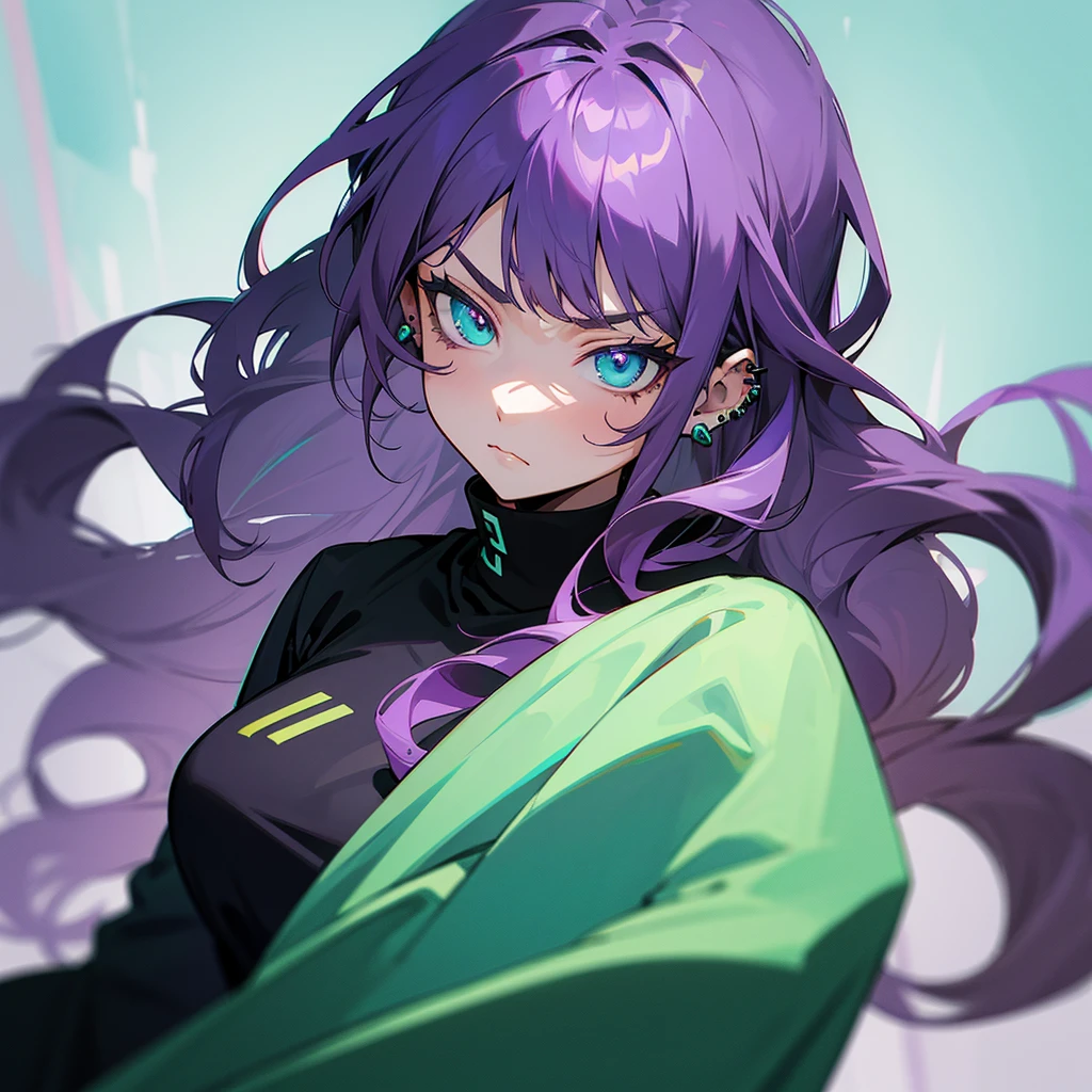 Anime panel, one woman intense turquoise eyes, upper body, gray wavy hair with purple highlights, serious, ear piercing, black casual outfit
