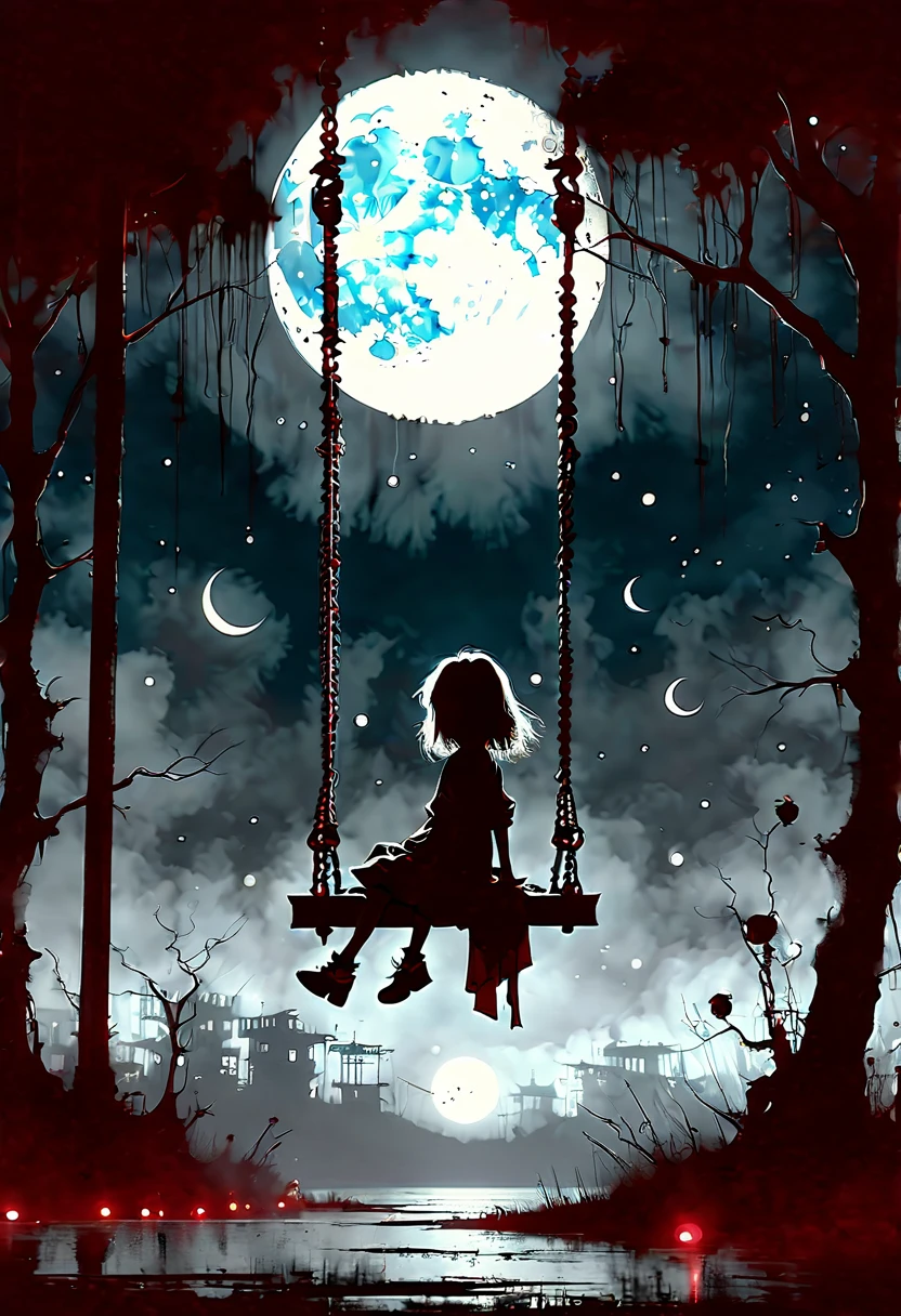 Ashley Wood style, dark scarlet background, Chemiluminescence. (animation. girl on a swing tied to a crescent, night, 1 moon, romance, fairytale background) (minimalism: 1), ray tracing details...Stephen Gammell style - Iai in the style of Stephen Gammell
