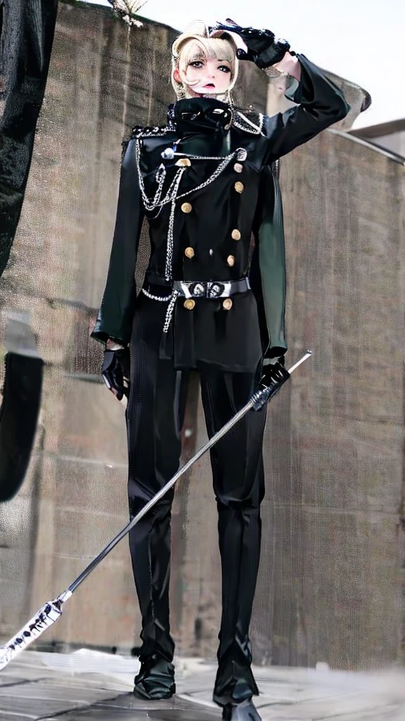(highest resolution, distinct_image) best quality, a woman, solo, masterpiece, highly detailed, semi realistic, blonde hair, bangs, 18 years old, mature, young, tall strong, uniform, military uniform( large indoor background), cold, serious, tall, handsome, autocratic, powerful, exquisite facial features, exquisite facial features, (full body)(black knee-high boots:1.4)(dominatrix:0.5)(white Yoga pants:1.3),(gloves:1.5)(long sleeves),(active sportswear shirt),solo,1girl,(looking at viewer),(from below:0.7)(head turned upwards:0.3)(smiling:0.4)(bodysuit:0.3)(holding riding crop:1.2)(muscular:0.8)(shirt tucket in pants)(parquet flooring)(standing on floor)(pretty eyes)(staring)(yandere),general,leader, authority,royal, military ,