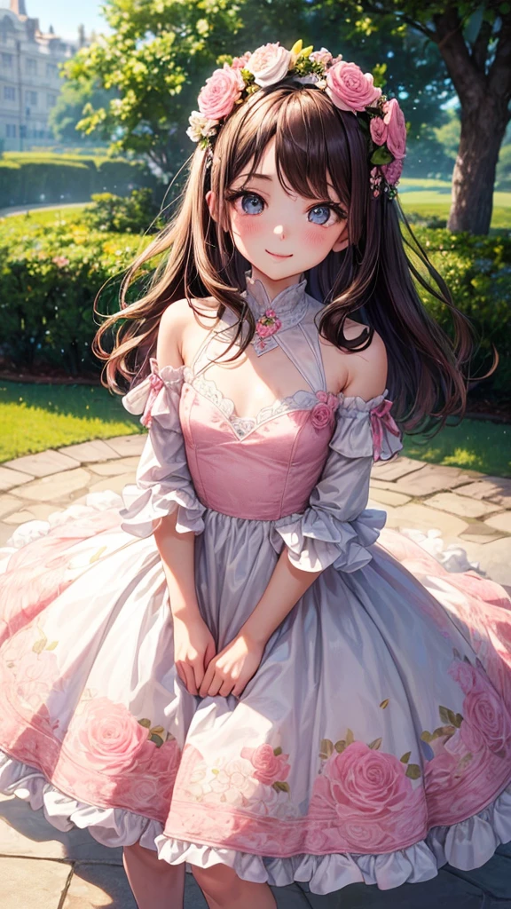 masterpiece, Best Quality, One girl, (a beauty girl, delicate girl:1.3), (15 years old:1.3), Very fine eye definition, (Symmetrical eyes:1.3), (lush park), (dress with white and pink floral pattern:1.3), small breasts, Brown eyes, Parted bangs, Brown hair, petit girl, (eyes and faces with detailed:1.0),  smile,