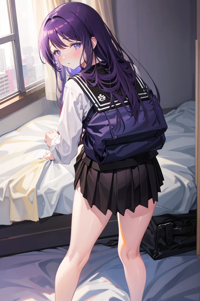 Purple Skirt、Black school uniform、Purple Skirt、Turning around、look back、８K,Masterpiece、Light purple hair、Semi-long hair、、Japanese 、、、Lift up your skirt、On all fours、Showing panties、Stick your butt out、Turn your ass towards me、Blushing、、Showing panties、Pull up your skirt、Blushing、Bedroom
