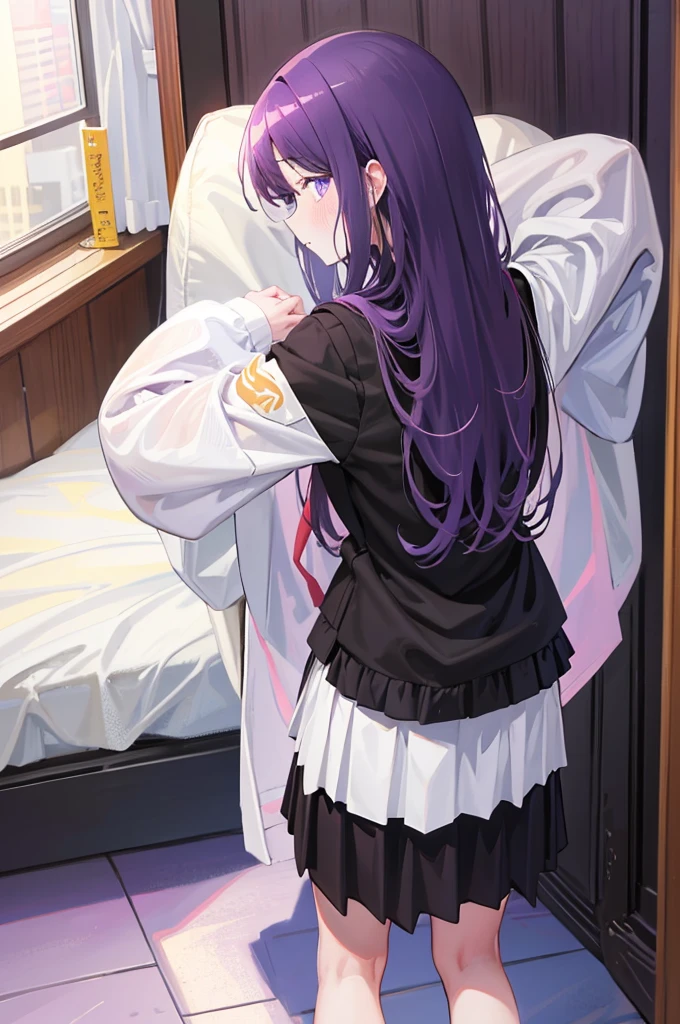 Purple Skirt、Black school uniform、Purple Skirt、Turning around、look back、８K,Masterpiece、Light purple hair、Semi-long hair、、Japanese 、、、Lift up your skirt、On all fours、Showing panties、Stick your butt out、Turn your ass towards me、Blushing、、Showing panties、Pull up your skirt、Blushing、Bedroom
