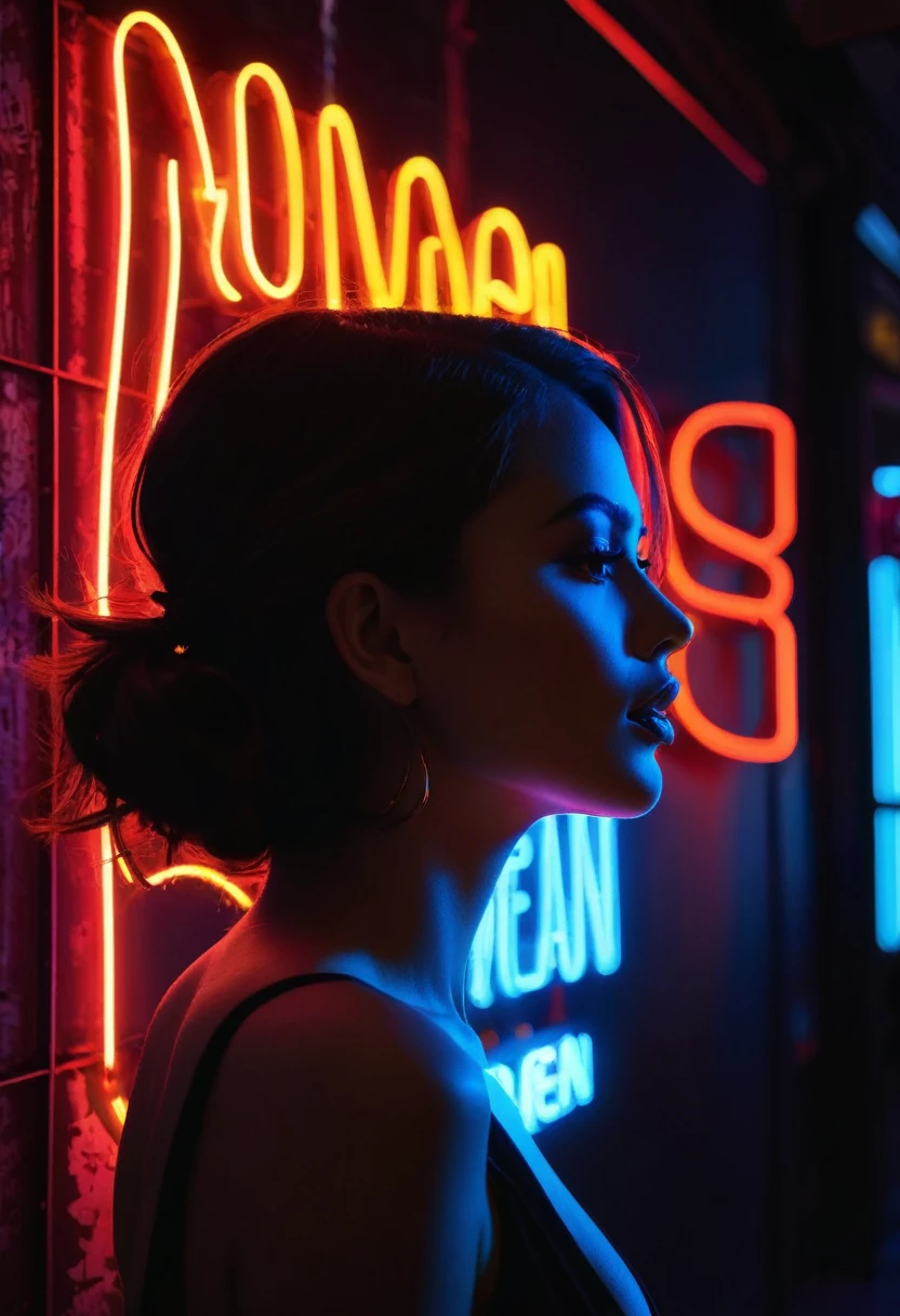 Side face silhouette,Shadow of beautiful woman under neon sign,Huge neon signboard,(Neon sign with text:1.5)