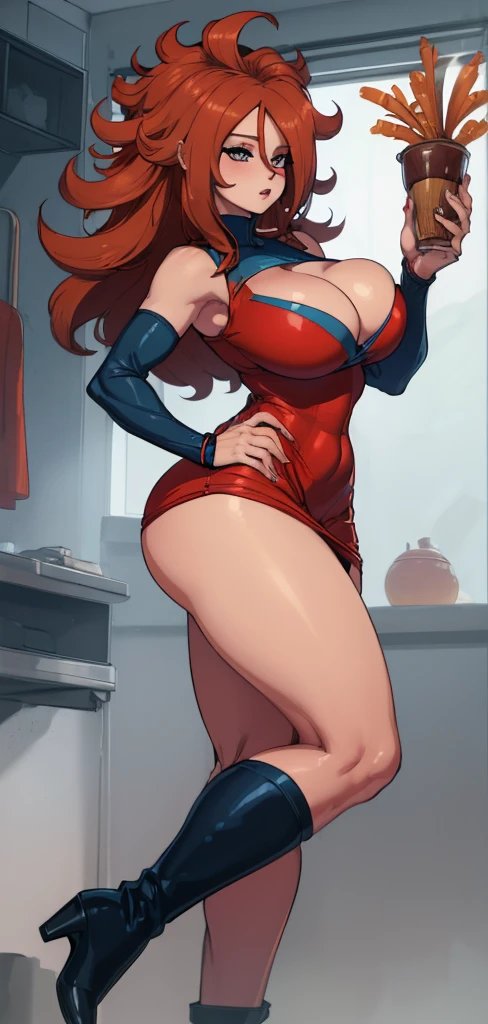 (best qualityer:1.3), android 21, ), busty, cleaveage, (chestnut hair), seductiv, rosto sensuous,  sensuous, curvy body, big-ass, (tight blue and red dress),  short dress, strong legs, strong bodie, brawny 