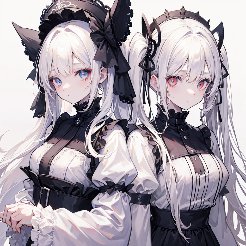 Two girls, red eyes and beige hair, blue eyes and white hair, twin tails, long hair, monochrome gothic fashion, white roses, white background,