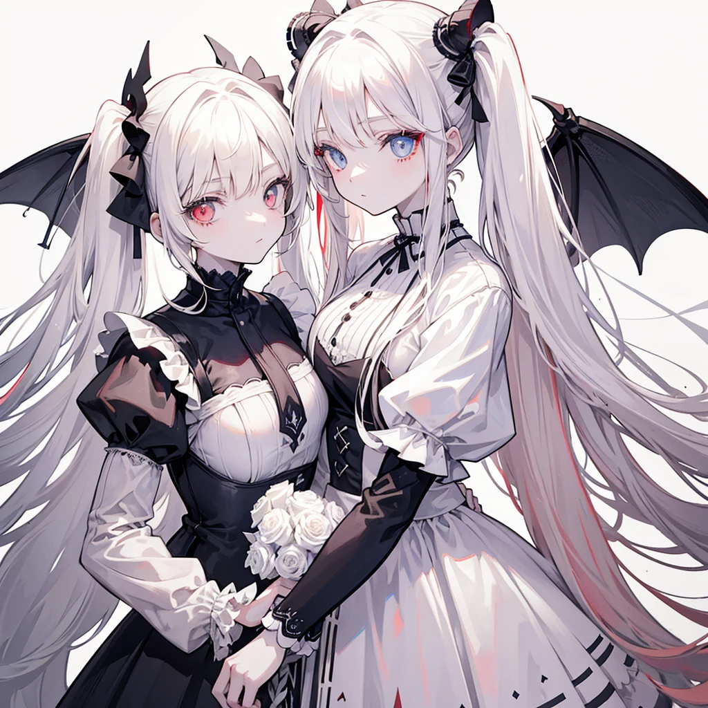 Two girls, red eyes and beige hair, blue eyes and white hair, twin tails, long hair, monochrome gothic fashion, white roses, white background,