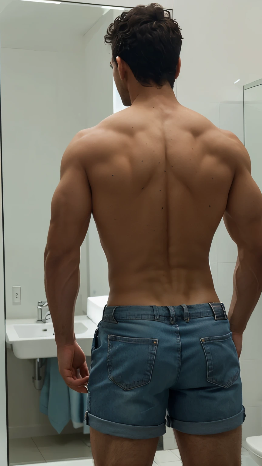 arafed man in shorts standing in front of a mirror, full growth from the back, in full growth from the back, arms behind back, backview, back pose, his arms are behind his back, bare back, backshot, from back, ripped, picture from behind, photo from behind, his back is turned, mid-shot of a hunky