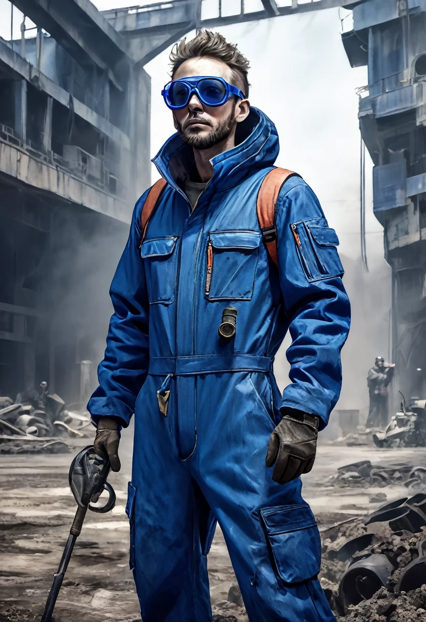 mechanics, dirty, blue jumpsuit, with protective glasses on the forehead, slim, post apocalypse