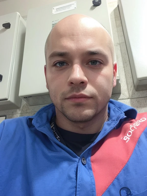 A man in a Sodexo company uniform, completely bald with green eyes, wearing a blue shirt with a black shirt underneath. He also has some forehead wrinkles.