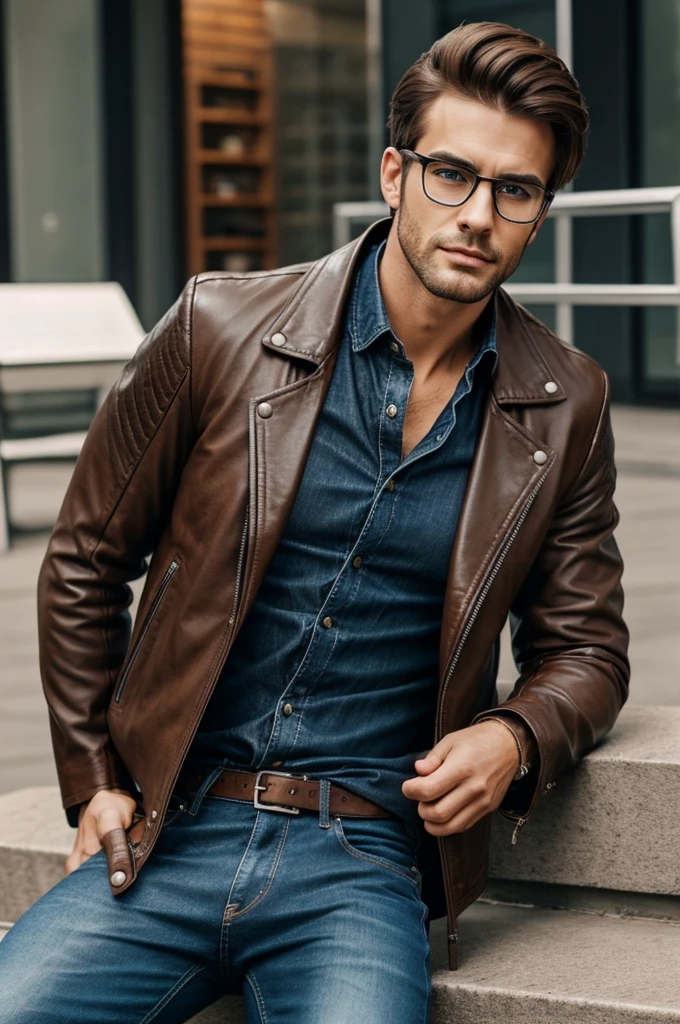 A handsome man with hair, sharp jawline, blue eye color, black and brown hair colour, sharp chin, glasses, sharp nose, brown leather jacket, loose jeans with boots