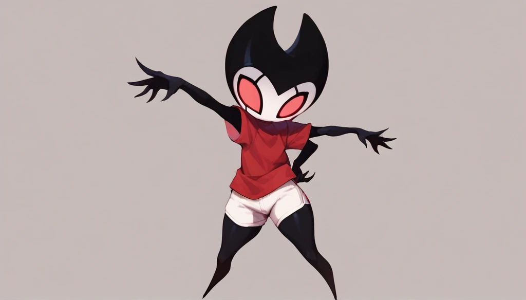 score_9, score_8_up, score_7_up, score_6_up, zPDXL2, grimm \(hollow knight\), vampire, bat, 1boy, solo, cute face, detailed eyes, red t-shirt, white shorts, looking at viewer, full body portrait, thick thighs, (wallpaper), anthro, (dynamic pose) 
