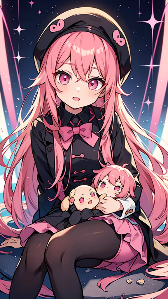 Anime style,shota,pink long hair,hot pants,dark black pantyhose,beaming face,sit,