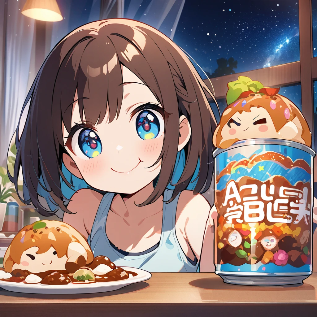 masterpiece、Highest quality、Depth of subject、２D illustration、1 beautiful girl、独奏, (((chibi style)))、((night)), ((window)), ((starry sky)), Long, beautiful hair、shiny brown hair、cute、Beautifully detailed eyes、((Tank top))、a glass of blue soda, ((colorful))、mini skirt、((happy smile))、((Canned Chuhai)), ((close up shot))、((eating curry)), ((in the room))、((There&#39;s a lot of pink around))、Thighs、((vivid color))、sparkle、((Lens flare))、