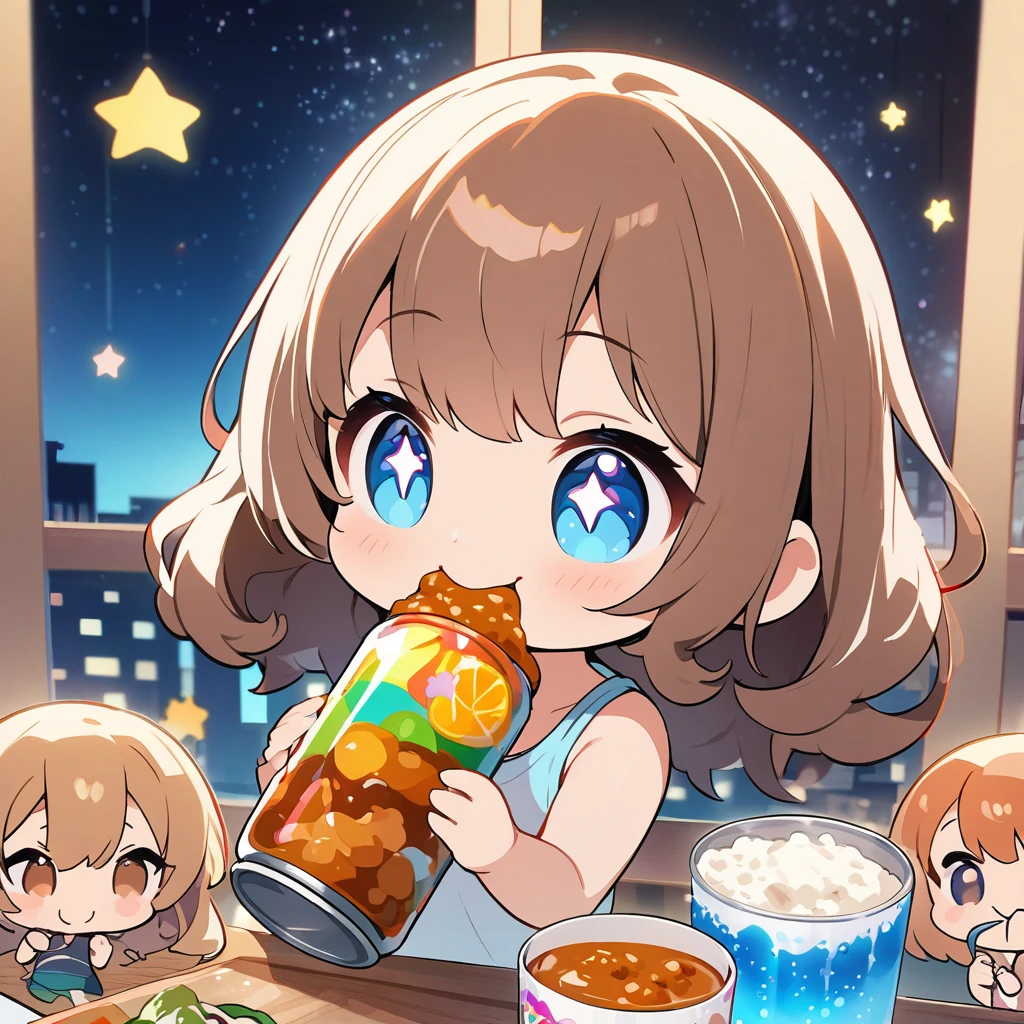 masterpiece、Highest quality、Depth of subject、２D illustration、1 beautiful girl、独奏, (((chibi style)))、((night)), ((window)), ((starry sky)), Long, beautiful hair、shiny brown hair、cute、Beautifully detailed eyes、((Tank top))、a glass of blue soda, ((colorful))、mini skirt、((happy smile))、((Canned Chuhai)), ((close up shot))、((eating curry)), ((in the room))、((There&#39;s a lot of pink around))、Thighs、((vivid color))、sparkle、((Lens flare))、