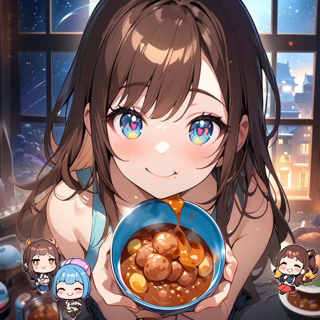 masterpiece、Highest quality、Depth of subject、2D illustration、1 beautiful girl、独奏, (((chibi style)))、((night)), ((window)), ((starry sky)), Long, beautiful hair、shiny brown hair、cute、Beautifully detailed eyes、((Tank top))、a glass of blue soda, ((colorful))、mini skirt、((happy smile))、((Canned Chuhai)), ((close up shot))、((eating curry)), ((in the room))、((There's a lot of pink around))、Thighs、((vivid color))、sparkle、((Lens flare))、