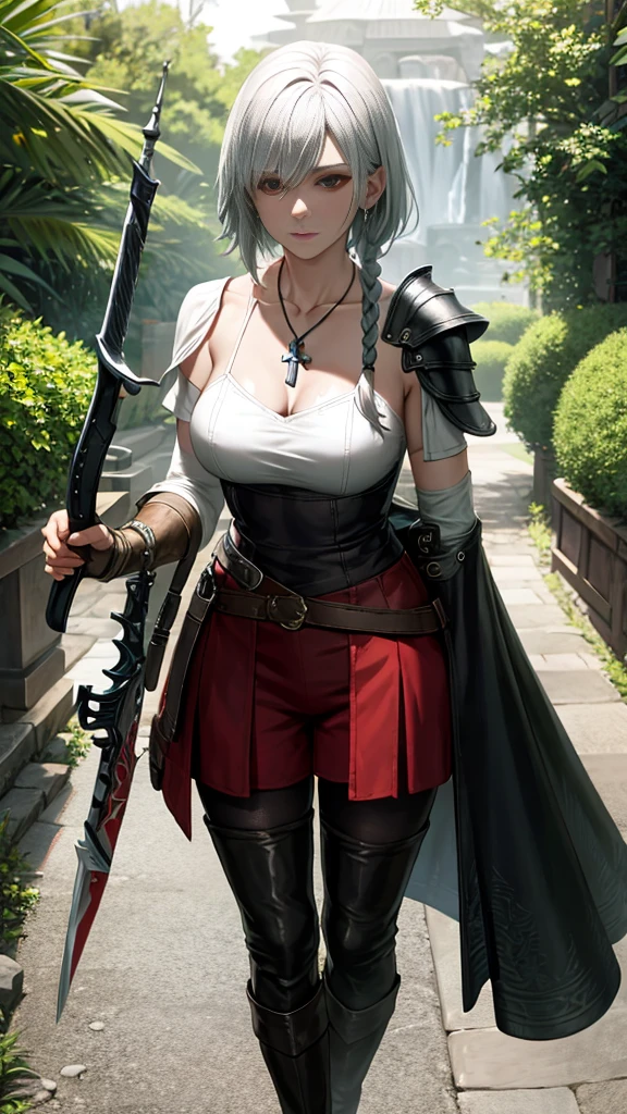 Little Red Riding Hood grew up to be a witcher,Holding a silver sword in his hand,Wearing tights,Cold personality,Wearing a sawed-off shotgun,Wearing long boots,A pair of arm armor,There is a cross pattern on the arm armor,A cross necklace around the neck,Carrying a long-handled shotgun on his back,slim,Sexy,Various potion bottles are worn on the belt,Wearing white clothes,Will use magic,Wearing shorts,Black Silk,shawl,leather armor,Leather pants,Braids,Mature women,short hair