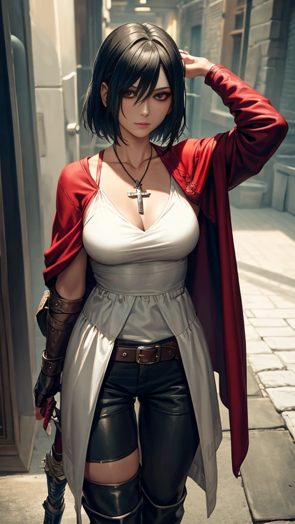 Little Red Riding Hood grew up to be a witcher，Holding a silver sword in his hand，Wearing tights，Cold personality，Wearing a sawed-off shotgun，Wearing long boots，A pair of arm armor，There is a cross pattern on the arm armor，A cross necklace around the neck，Carrying a long-handled shotgun on his back，slim，Sexy，Various potion bottles are worn on the belt，Wearing white clothes，Will use magic，Wearing shorts，Black Silk，shawl，leather armor，Leather pants，Braids，Mature women，short hair