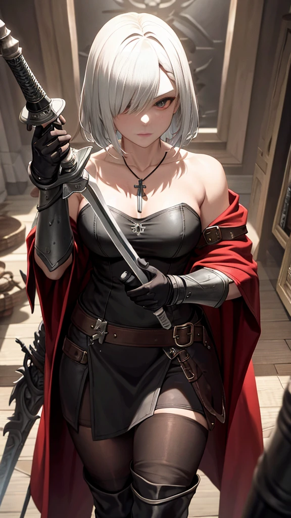 Little Red Riding Hood grew up to be a witcher,Holding a silver sword in his hand,Wearing tights,Cold personality,Wearing a sawed-off shotgun,Wearing long boots,A pair of arm armor,There is a cross pattern on the arm armor,A cross necklace around the neck,Carrying a long-handled shotgun on his back,slim,Sexy,Various potion bottles are worn on the belt,Wearing white clothes,Will use magic,Wearing shorts,Black Silk,shawl,leather armor,Leather pants,Braids,Mature women,short hair