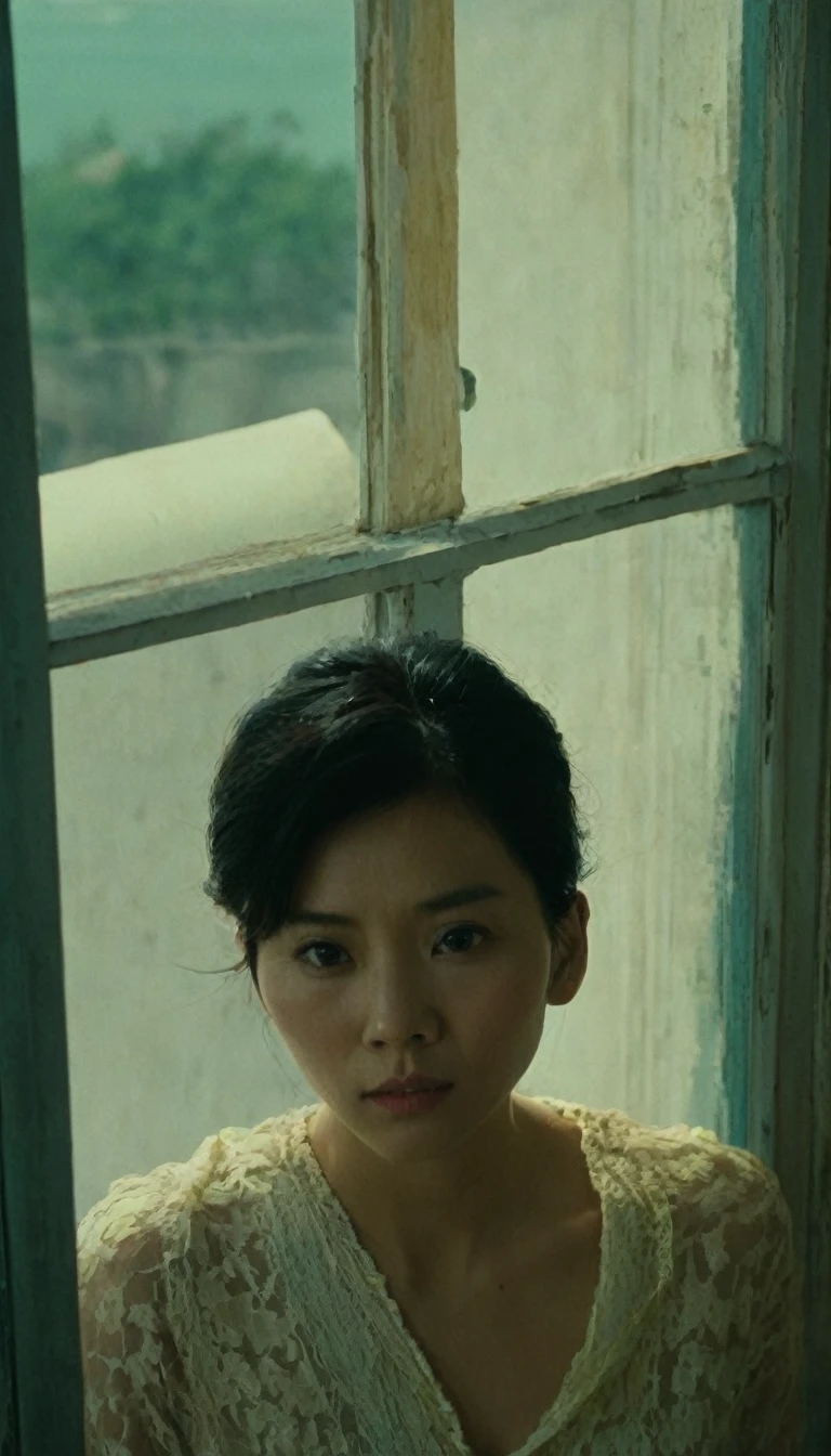 Extreme high angle shot from above, woman, looking at camera, drama movie, movie still, lighting through window, shadows on face, wong kar wai color palette