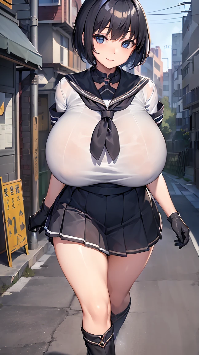 ​(morning, crossing, neighborhood, schoolway :1.4), high resolution, extremely detailed CG, unity 8k wallpaper, super detailed skin, perfect anatomy, detailed, cinematic lighting, dynamic lighting, beautiful detailed eyes, black short hair, (smile:1.2)、(looking at viewer:1.8), (gigantic breasts:1.4)、 (sailor uniform), (gleaming skin:1.2)、black long gloves, black long boots,
(arms behind back, walking:1.3),
