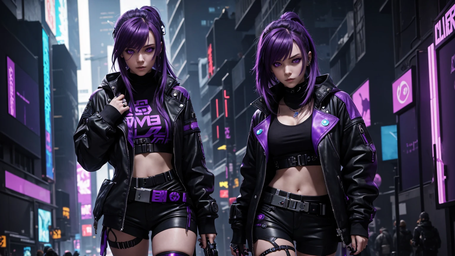 une fille, cyberpunk, elle tient un revolver dans la main, she aims, purple hair, cyberpunk style, une jupe courte, des collants noirs troué, purple eyes, nice face