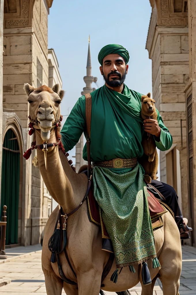make image of Muslim Man With green Paggri Of Arab Holding Camel and sawing Towards Blue Mosque Al-aqusa