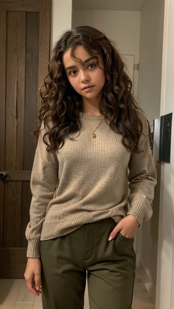 Curly hair girl in sweater and military pant with gorgeous face and cubby cheks and little thin with a inoromous beauty