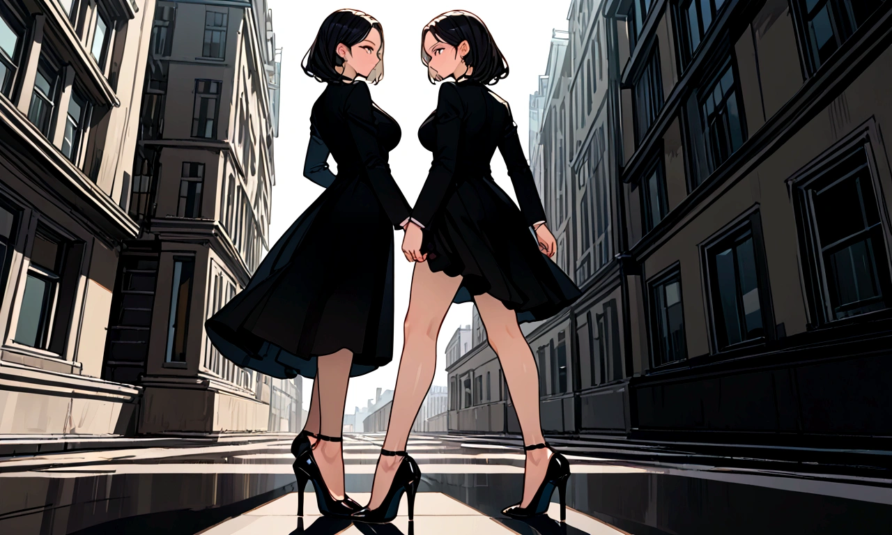 Create only the woman's feet,Walking in heels,Black heels,Only the knees and below are visible,Dark building corridor,There is no light from outside.