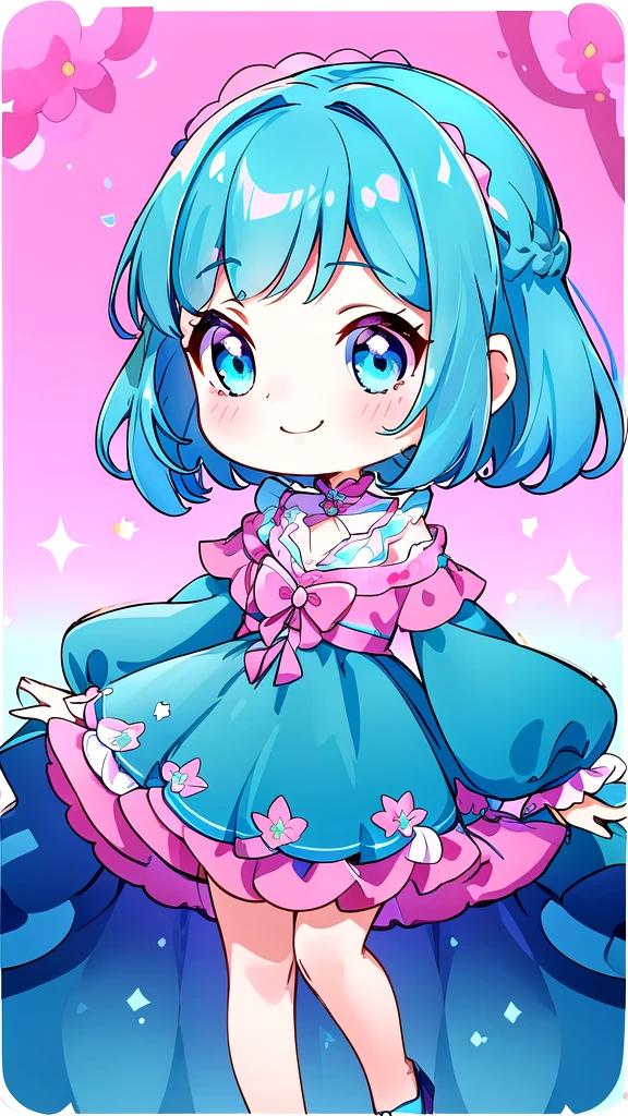 (8K, Highest quality, masterpiece:1.2),(Highest quality:1.0), (Ultra-high resolution:1.0),girl , Bobcut, chibi,Laughing、Fortune telling card reading、Blue dress、Pink and teal gradient hair、Pink and blue gradient eyes