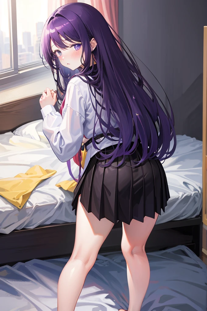 Purple Skirt、Black school uniform、Purple Skirt、Turning around、look back、８K,Masterpiece、Light purple hair、Semi-long hair、、Japanese 、、、Lift up your skirt、On all fours、Showing panties、Stick your butt out、Turn your ass towards me、Blushing、、Showing panties、Pull up your skirt、Blushing、Bedroom
