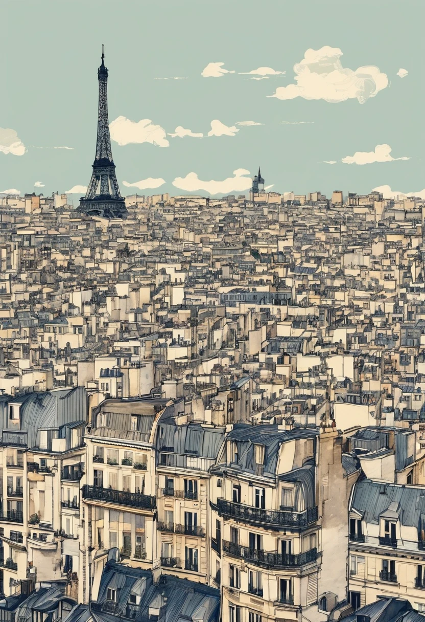 Parisの日常風景、Ukiyo-e style、high resolution、Modern Building、Old buildings、Complex cities、chaos、Paris