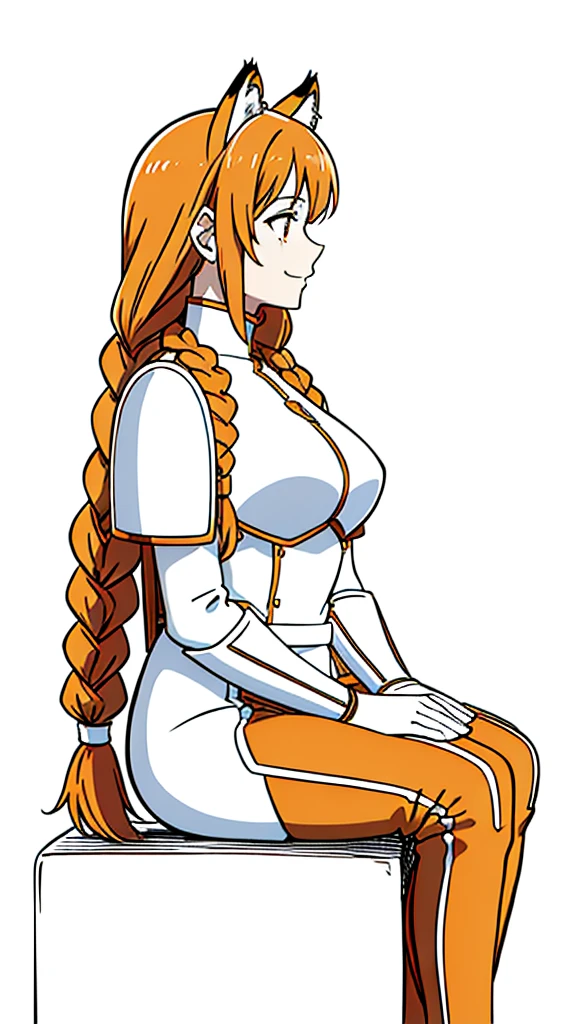 (1girl,20 years old,mature female,solo),tiger ears,long hair,(twin braids),orange hair,white armor,(white background,line drawing),open mouth,smile,sitting,profile, looking away