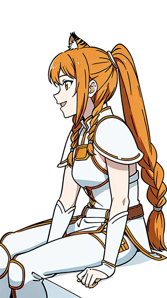 (1girl,20 years old,mature female,solo),tiger ears,long hair,(twin braids),orange hair,white armor,(white background,line drawing),open mouth,smile,sitting,profile, looking away