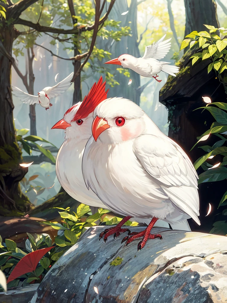 （Highest quality，masterpiece：1.2），Super quality，Red beakを持つアルビノの鳥が木の枝に止まっている，Grasp a thin branch with your feet，Pure white finch：1.5，Pet Birds，slender， Just one，Watching birds,   Cheeky look, birb, Pubic Pose, Intense albinism, Looking away from the camera，Sharp red eyes，Pale yellow beak，Red beak，Beautiful beak， in the forest，Sunlight filtering through the trees，Soft, diffused natural light，Dreamy atmosphere，Fantastic color palette