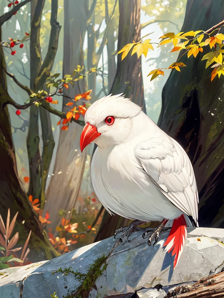 (Highest quality,masterpiece:1.2),Super quality,Red beakを持つアルビノの鳥が木の枝に止まっている,Grasp a thin branch with your feet,Pure white finch:1.5,Pet Birds,slender, Just one,Watching birds, Cheeky look, birb, Pubic Pose, Intense albinism, Looking away from the camera,Sharp red eyes,Pale yellow beak,Red beak,Beautiful beak, in the forest,Sunlight filtering through the trees,Soft, diffused natural light,Dreamy atmosphere,Fantastic color palette