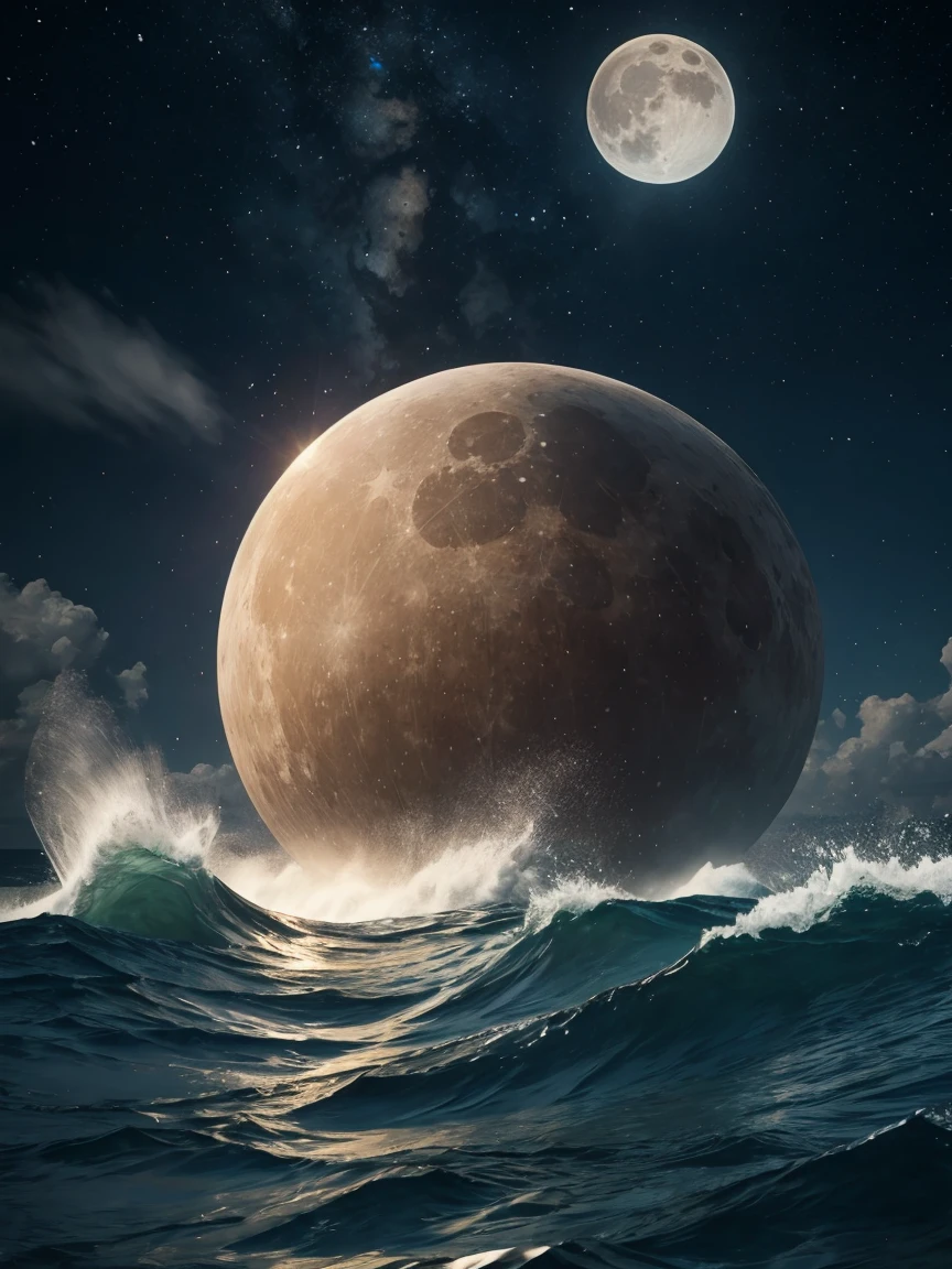 Masterpiece, best quality, high resolution, remote image, man focus, Focus only, stalwart, bouncing, hairy, man, ผู้manไม่มีกางเกง, in the sea, His body was half submerged in the water., Behind the sky was full of stars with the moon in the center., amazing composition, front view, HDR, Volumetric light, Special quality, elegant, Highly detailed