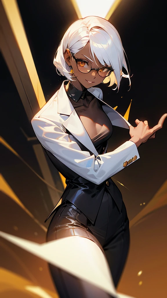 1 Female, adult, dark skinned women, long white short hair, hair over the ears, golden eyes, glasses, black business suit, black tailored jacket, white shirt, black pantsuit, office background, malicious smile, sharp eye, collarbone, point at viewers,