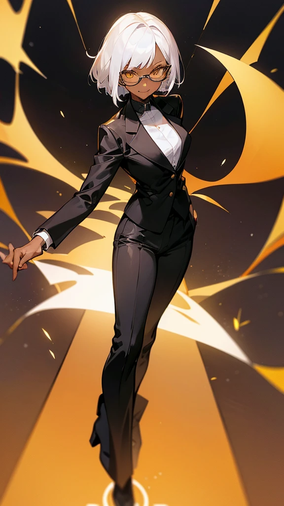 1 Female, adult, dark skinned women, long white short hair, hair over the ears, golden eyes, glasses, black business suit, black tailored jacket, white shirt, black pantsuit, office background, malicious smile, sharp eye, collarbone, point at viewers,