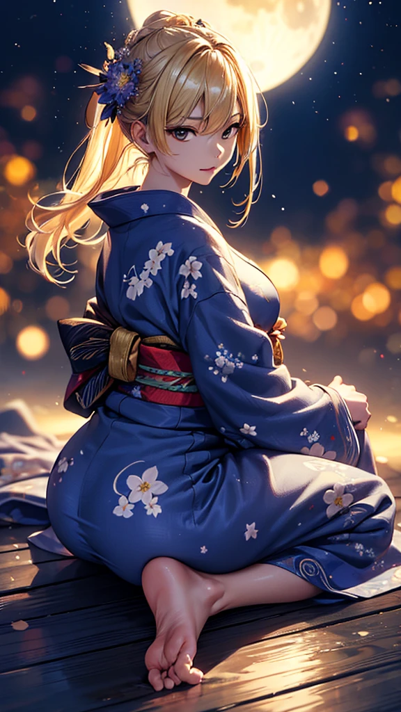 masterpiece, high quality, 4K, Beautiful design, silhouette,blonde, 非常に詳細な夜のStarry Sky,Flower Field, wonderful, Finer details, Very knowledgeable woman, Highly detailed solo, 1 female,Big Breasts,Butt Emphasis,Underwear Line,Yukata in white color,Night view,Starry Sky,full moon,How to sit,