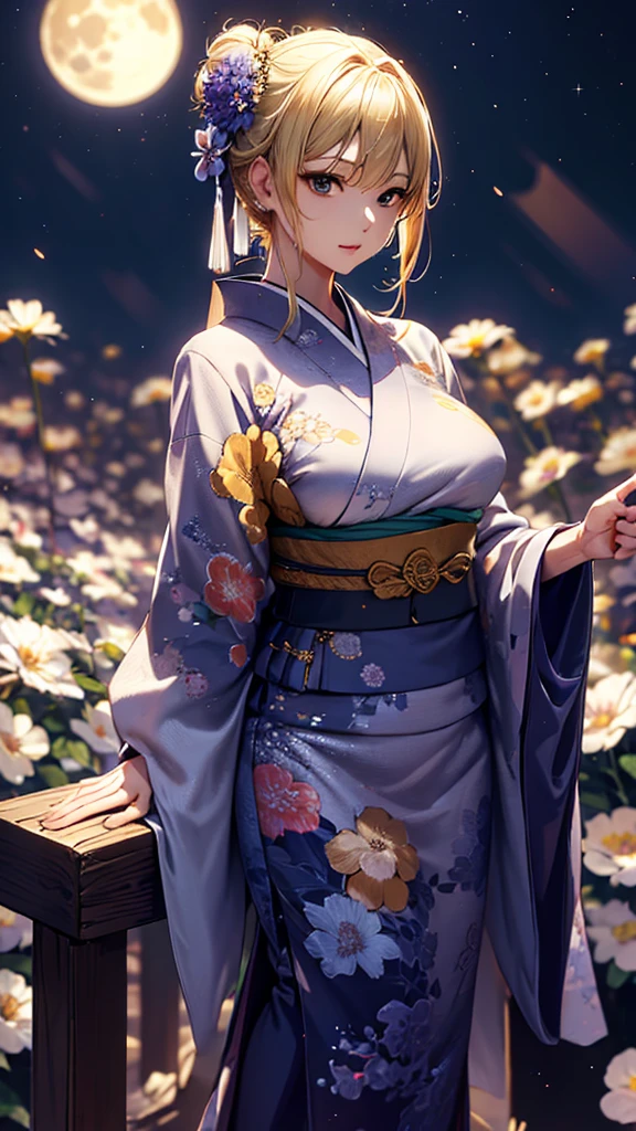 masterpiece, high quality, 4K, Beautiful design, silhouette,blonde, 非常に詳細な夜のStarry Sky,Flower Field, wonderful, Finer details, Very knowledgeable woman, Highly detailed solo, 1 female,Big Breasts,Butt Emphasis,Underwear Line,Yukata in white color,Night view,Starry Sky,full moon,How to sit,