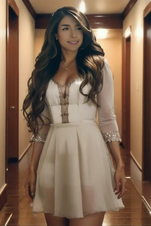 (rule of thirds), (masterpiece), (highly detailed), (realistic), (photorealistic), (Pokimane, solo, brown hair, brown eyes,) (cowboy shot,) (atmospheric lighting, dark, beautiful hallway,) , super crazy hairstyles, beautiful long hairs, crazy long hairs, super long hairs, long hair, crazy long hairs, super long hairs , Long wavy hairstyle