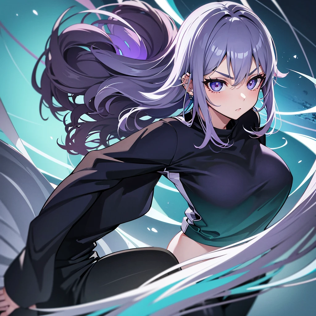 Anime panel, one woman intense turquoise eyes, upper body, gray wavy hair with purple highlights, serious, ear piercing, black casual outfit