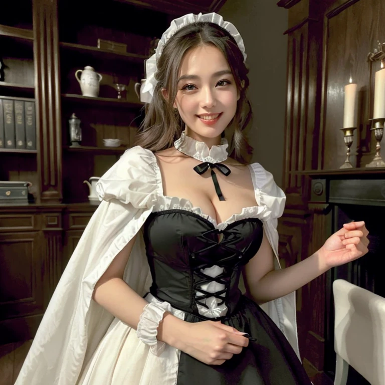 (((best quality, On the table, Ultra-high resolution、Most complex、The most detailed depiction)))、((1 female、Beautiful maid、adult maid、Victoria maid, Black and white maid、Maid outfit with large apron、Perfect smile、Staring at the camera with a bright smile、Elegant standing figure、1800s Retro, victorian inspired clothing, elegant cape))、(Chiaroscuro、Portrait Style, Indoor decorations, Gothic bookshelf, a table, light, Formal atmosphere, Classical、Rooms in Medieval Europe、Gothic fireplace、Huge bookshelves)、(There are elegant chairs and tables near the bookshelf、Quiet and elegant room、暖色调的明亮light、Perfect gas chamber、Perfect fingers、Slim、beautiful white teeth、Beautiful hair and skin、Perfect Anatomy)(((Full and soft breasts,)))(((Large Breasts))) (((Cleavage)))