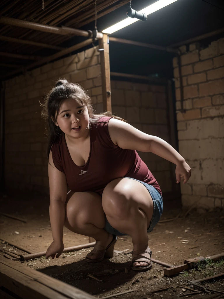 A very fat, obese -yeld giin an underground prison, looking excited, detailed facial features, (best quality,4k,8k,highres,masterpiece:1.2),ultra-detailed,(realistic,photorealistic,photo-realistic:1.37),HDR,UHD,studio lighting,ultra-fine painting,sharp focus,physically-based rendering,extreme detail description,professional,vivid colors,bokeh,dark and moody atmosphere,cinematic lighting,dramatic shadows,claustrophobic environment,rusty metal bars,stone walls,dirt floor,glowing lights,excited expression,chubby cheeks,double chin,plump body,thick arms and legs