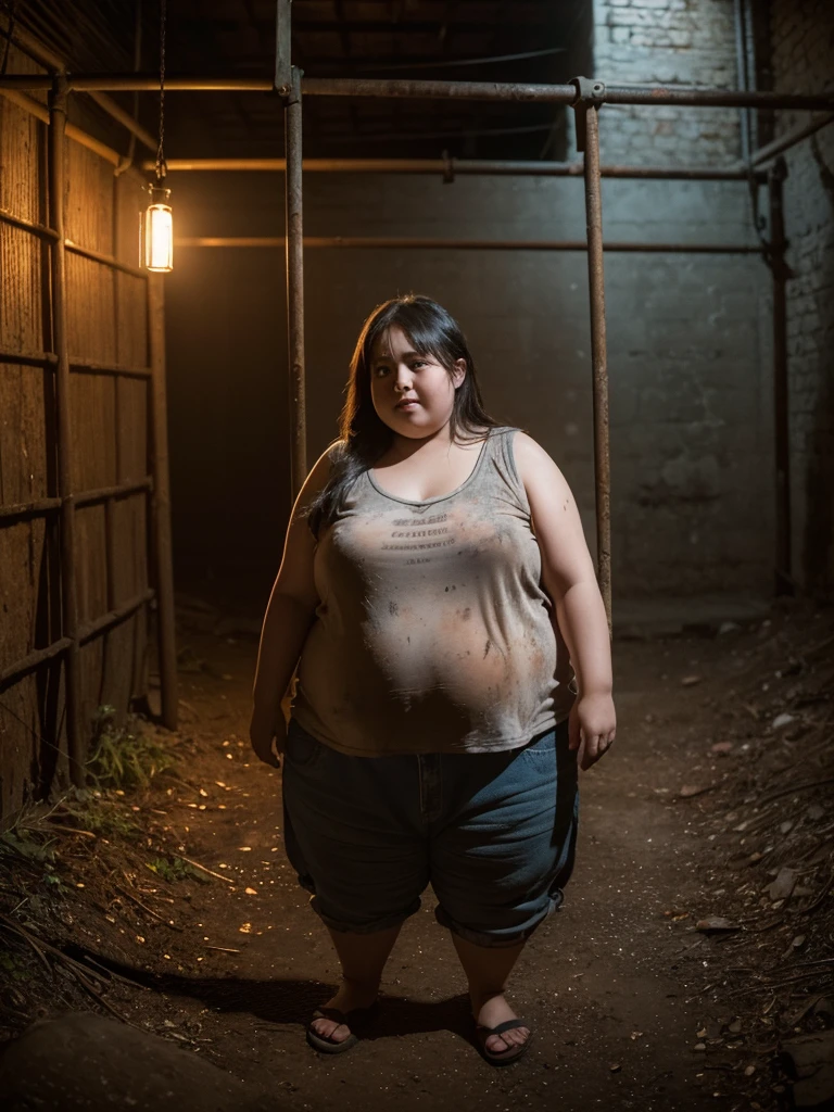 A very fat, obese -yeld giin an underground prison, looking excited, detailed facial features, (best quality,4k,8k,highres,masterpiece:1.2),ultra-detailed,(realistic,photorealistic,photo-realistic:1.37),HDR,UHD,studio lighting,ultra-fine painting,sharp focus,physically-based rendering,extreme detail description,professional,vivid colors,bokeh,dark and moody atmosphere,cinematic lighting,dramatic shadows,claustrophobic environment,rusty metal bars,stone walls,dirt floor,glowing lights,excited expression,chubby cheeks,double chin,plump body,thick arms and legs